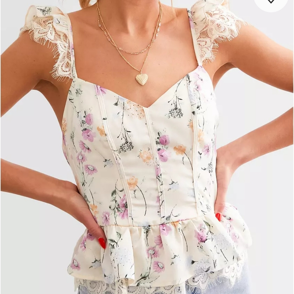 Willow & Root Floral Print Lace Trim Top Sz M
